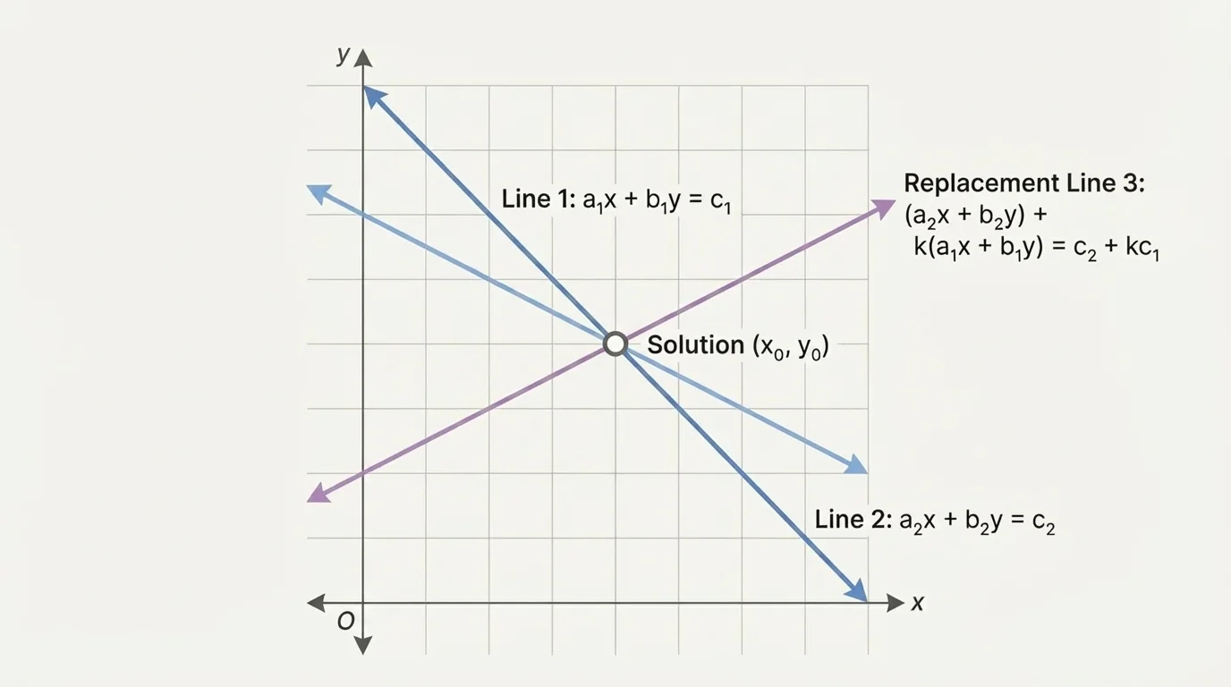 coordinate plane with two original lines and a third replacement line, all marked so the unchanged line and the replacement line intersect at the same solution point as the original system