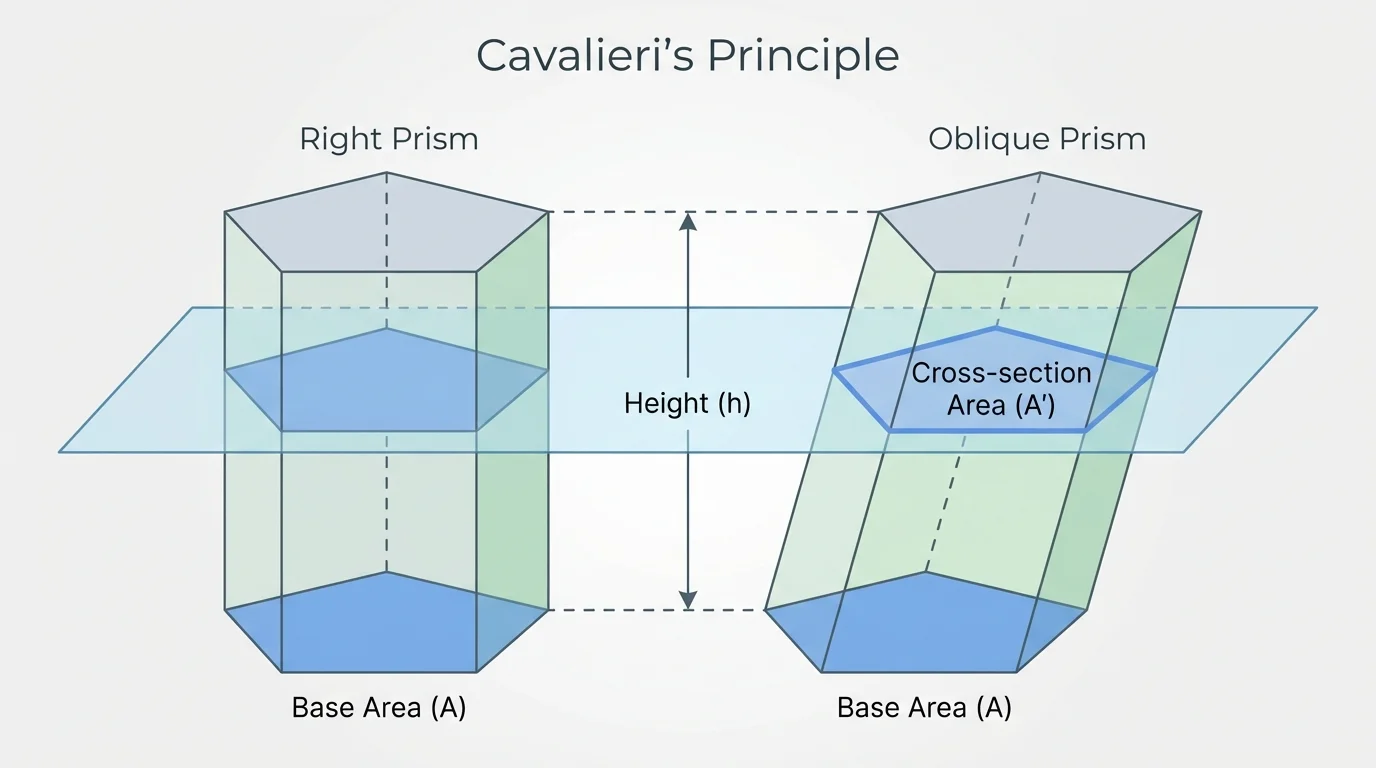 Right prism and slanted oblique prism on equal bases, with matching horizontal cross-sections highlighted