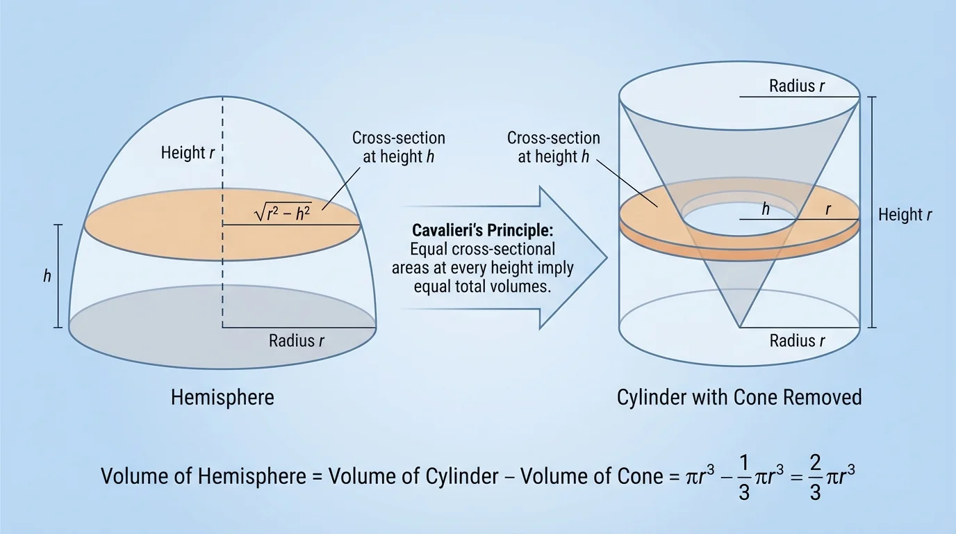 Hemisphere next to a cylinder of radius r and height r with an inverted cone removed, all labeled with radius and height