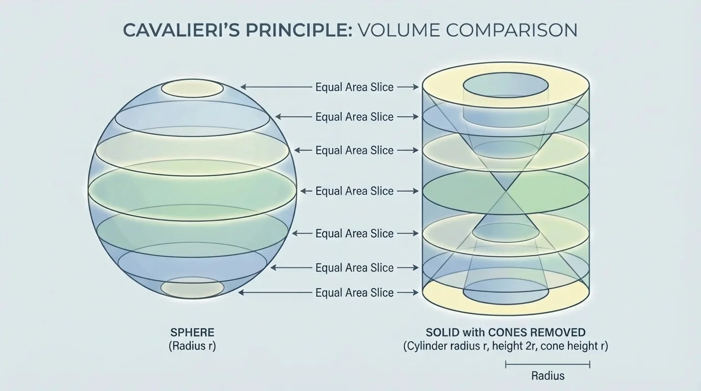 Two solids side by side with several horizontal slices at equal heights, each pair of slices having equal area