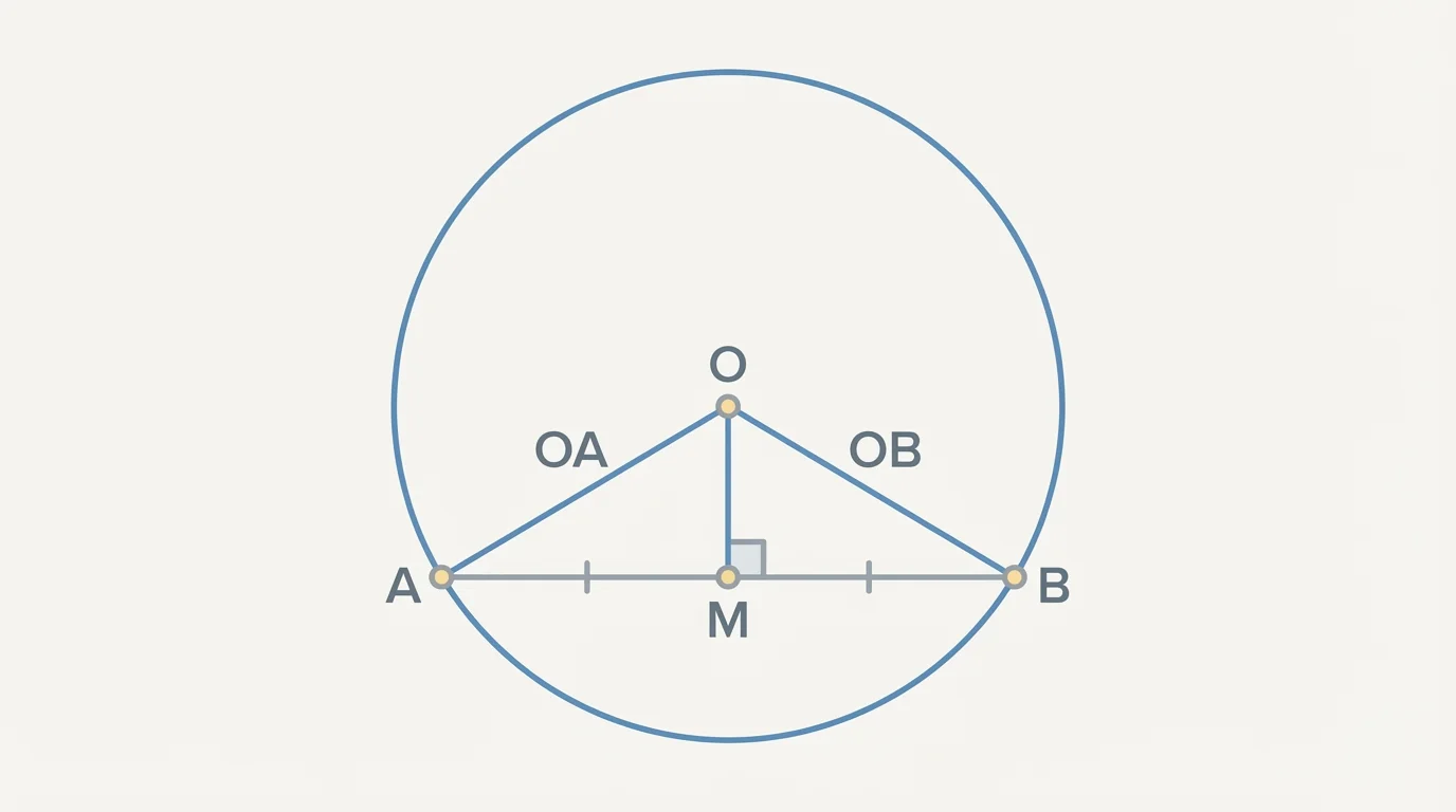 Circle with center O and chord AB, perpendicular OM to chord at midpoint M, showing OA and OB as radii