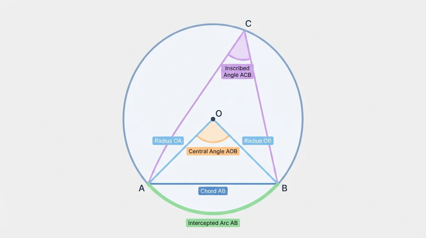 Labeled circle with center O, chord AB, radii OA and OB, central angle AOB, inscribed angle ACB, and intercepted arc AB