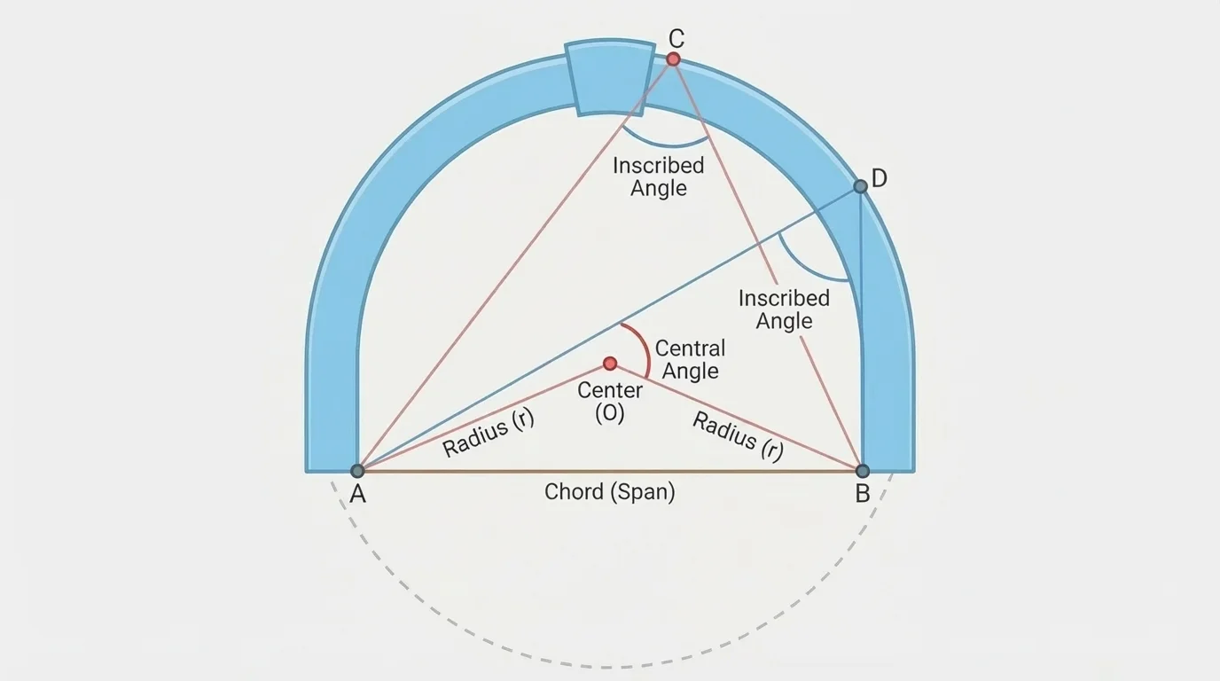 Architectural arch modeled as part of a circle with a chord across the base and center lines showing how span and angle relate