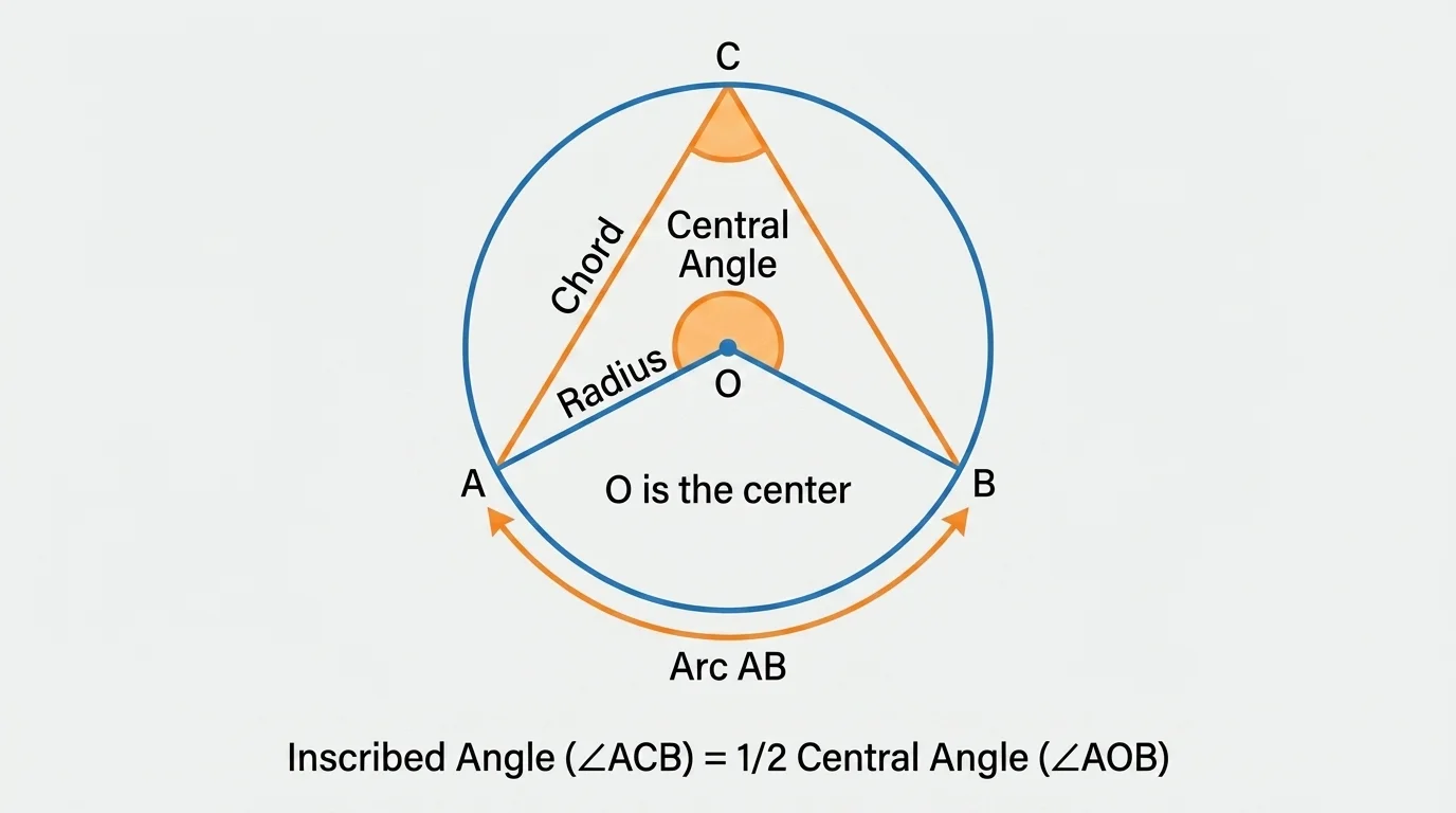 Circle showing central angle AOB and inscribed angle ACB intercepting the same arc AB, with the inscribed angle half the central angle