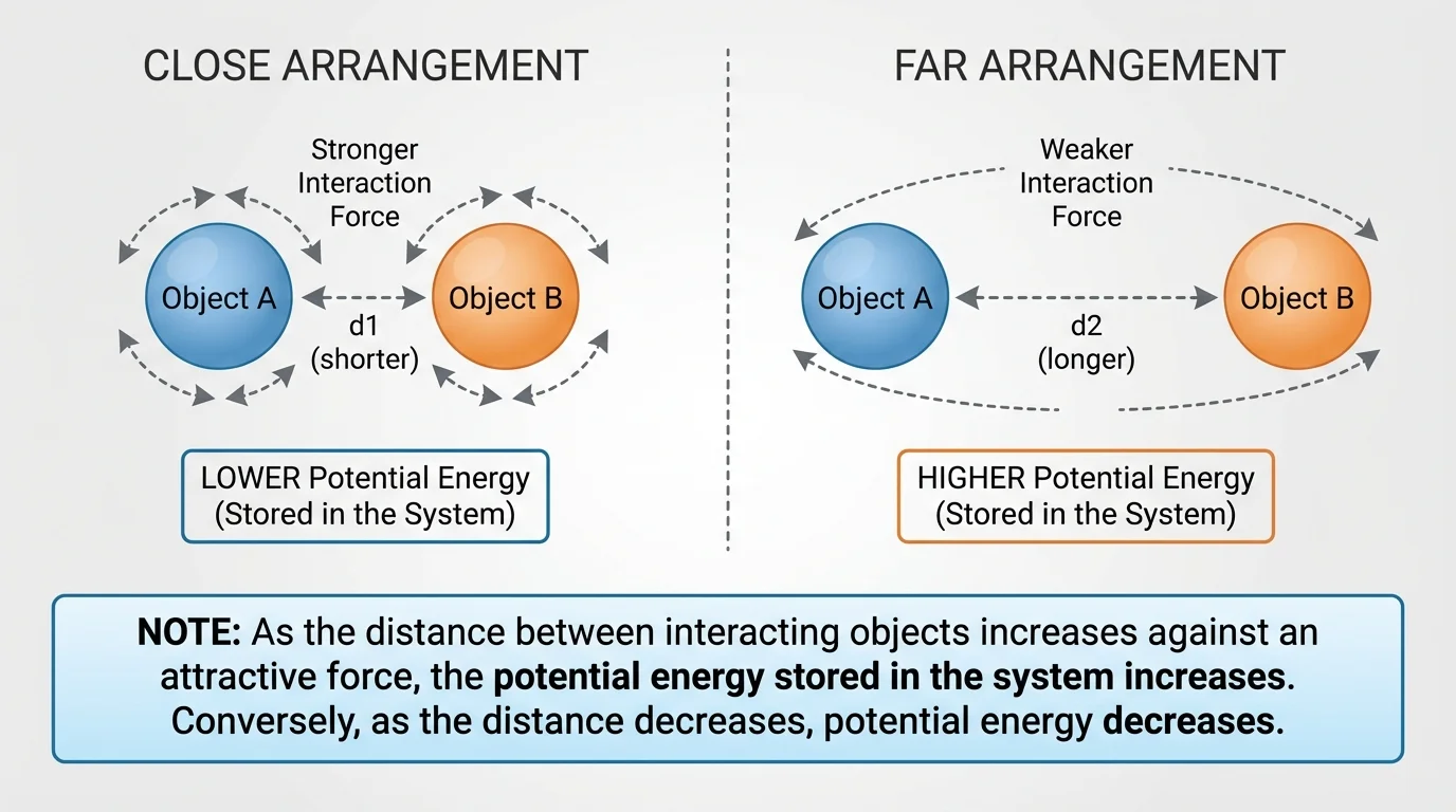 Simple science model showing two objects, interaction arrows, distance labels, and a note comparing higher and lower stored energy