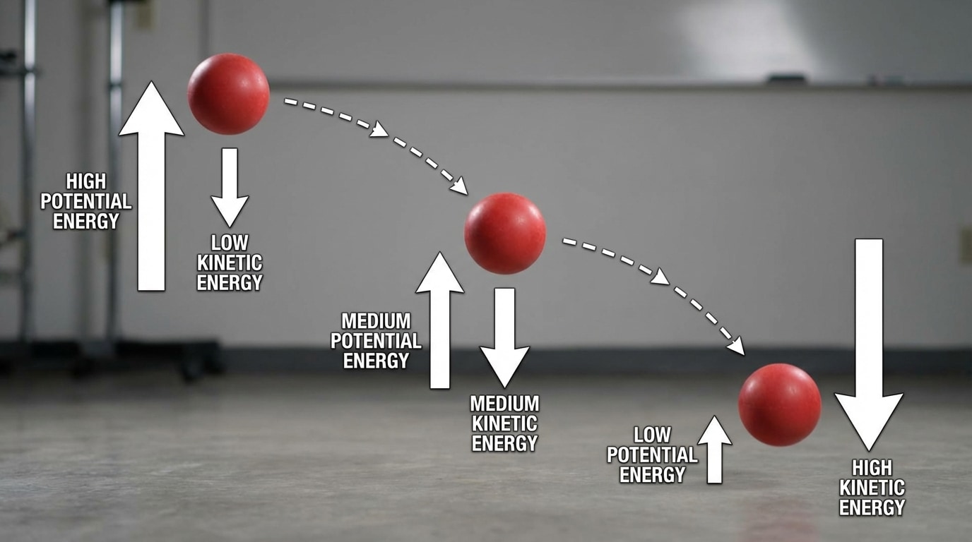 A ball at three positions (high, middle, just before ground) with arrows and labels showing high potential/low kinetic at the top, medium potential/medium kinetic in the middle, low potential/high kinetic near the ground