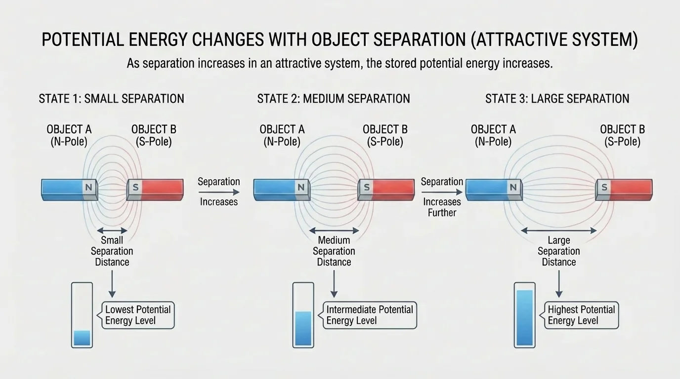 Two-object system shown in three positions with greater and smaller separations and labeled relative potential energy levels