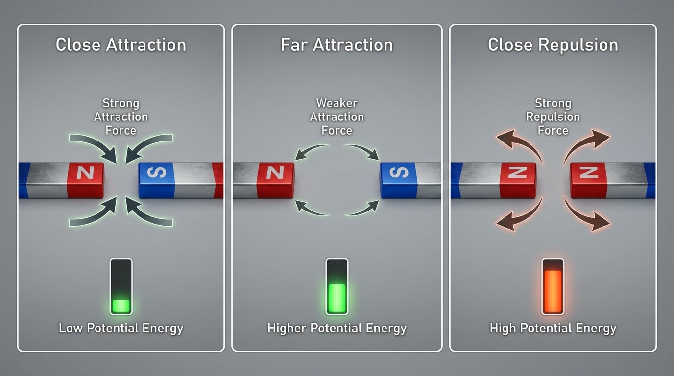 Two bar magnets in three side-by-side panels: (1) N facing S close together (low PE, strong attraction), (2) N facing S far apart (higher PE, weaker attraction), (3) N facing N close together (high PE, strong repulsion). Include arrows for forces and energy bar icons indicating relative potential energy levels.