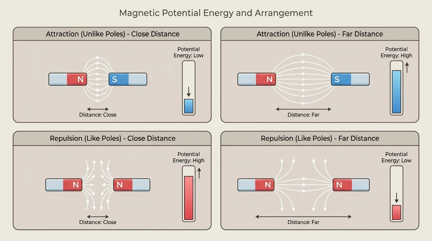 Two bar magnets with unlike poles facing for attraction and like poles facing for repulsion, each at two distances