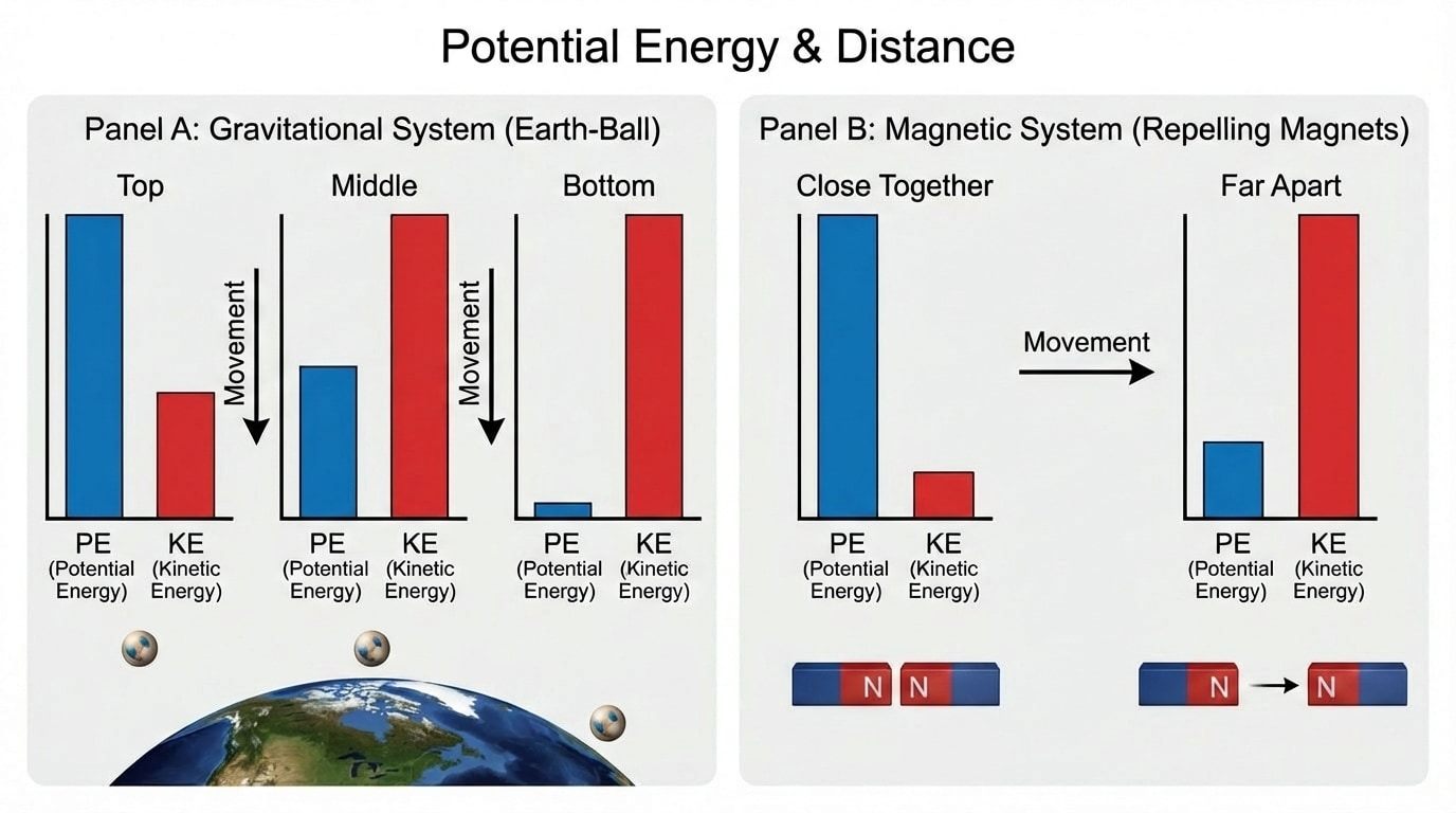 Two panels of bar charts. Panel A: Earth–ball system at top, middle, bottom with PE and KE bars changing (PE down, KE up). Panel B: Two repelling magnets close together vs far apart with PE bars higher when close and KE bars higher when they move apart.
