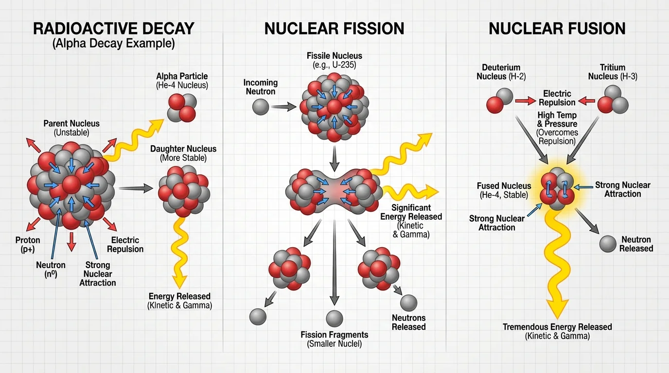 Labeled atomic nucleus with clustered protons and neutrons, short arrows showing strong nuclear attraction between nearby nucleons and outward arrows showing electric repulsion between protons