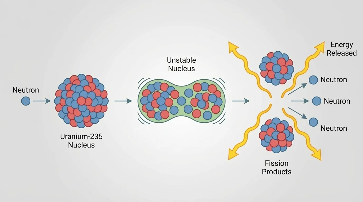 Sequence showing a neutron entering uranium-235, the nucleus becoming unstable, splitting into two smaller nuclei, and releasing three neutrons and energy arrows