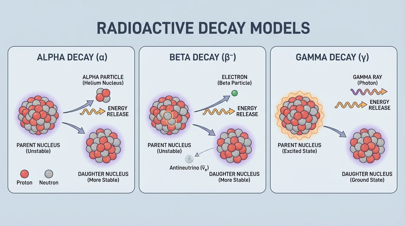 Three-panel comparison of alpha decay emitting a helium nucleus, beta decay converting a neutron to a proton with an electron emitted, and gamma decay emitting radiation without changing proton or neutron count