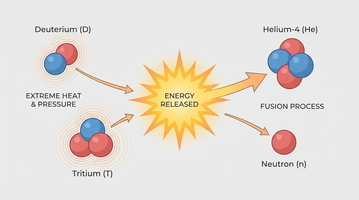 Two hydrogen isotope nuclei approaching under extreme heat and pressure, overcoming repulsion, then combining into a helium nucleus with a neutron emitted