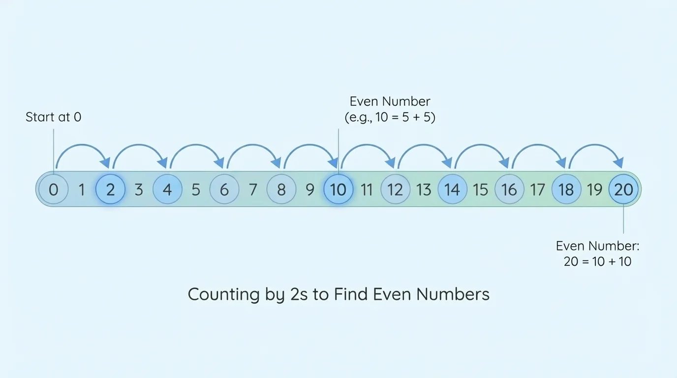 Number path from 0 to 20 with jumps of 2 landing on even numbers