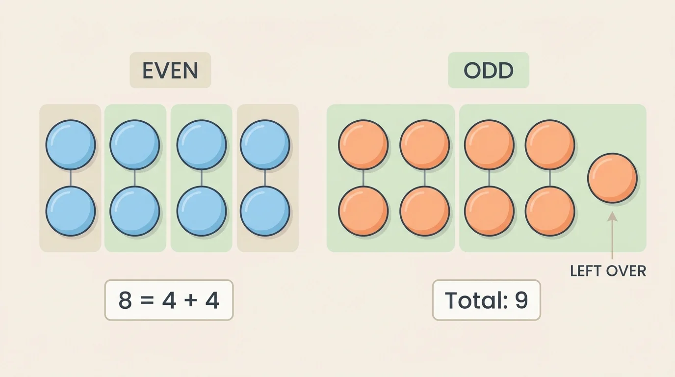 Two small groups of counters up to 10, one grouped into perfect pairs and one with one counter left over