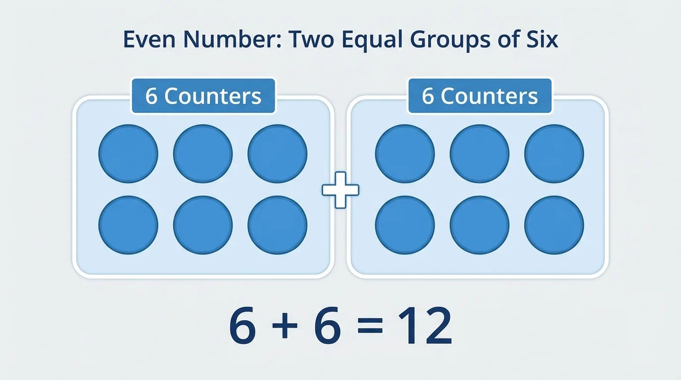 Twelve counters separated into two equal groups of six with a matching equal-addends idea