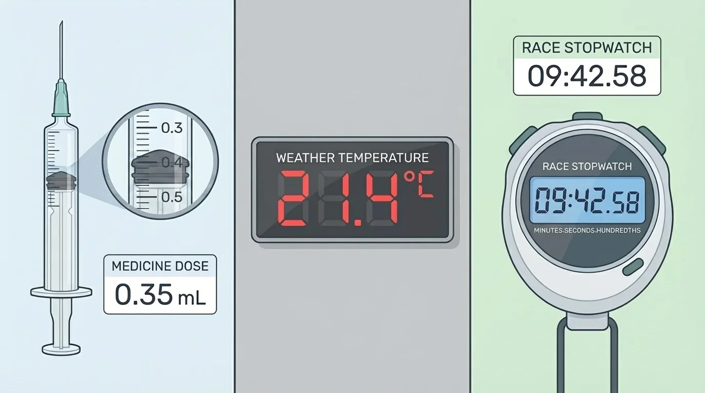 Split scene showing a medicine syringe with a measured dose, a thermometer display for weather temperature, and a race stopwatch, each with reported values shown at an appropriate level of precision
