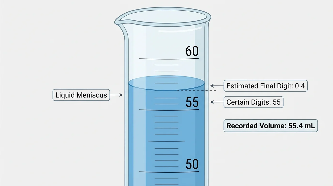 Close-up graduated cylinder with liquid meniscus between scale marks, showing certain digits from the scale and one estimated final digit