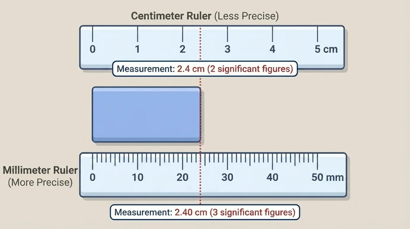 Two rulers measuring the same rectangular object, one ruler marked in centimeters and one in millimeters, with the object's length indicated on both scales