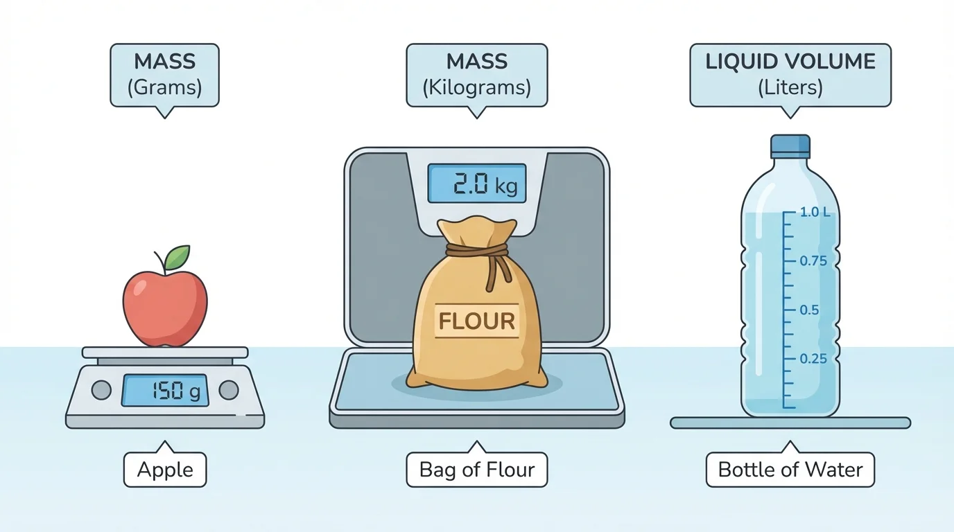 comparison of a small object measured in grams, a larger object measured in kilograms, and a bottle measured in liters with simple labels
