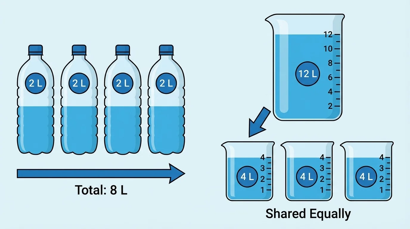 four equal bottles each holding 2 liters and a separate scene showing 12 liters shared equally into 3 containers