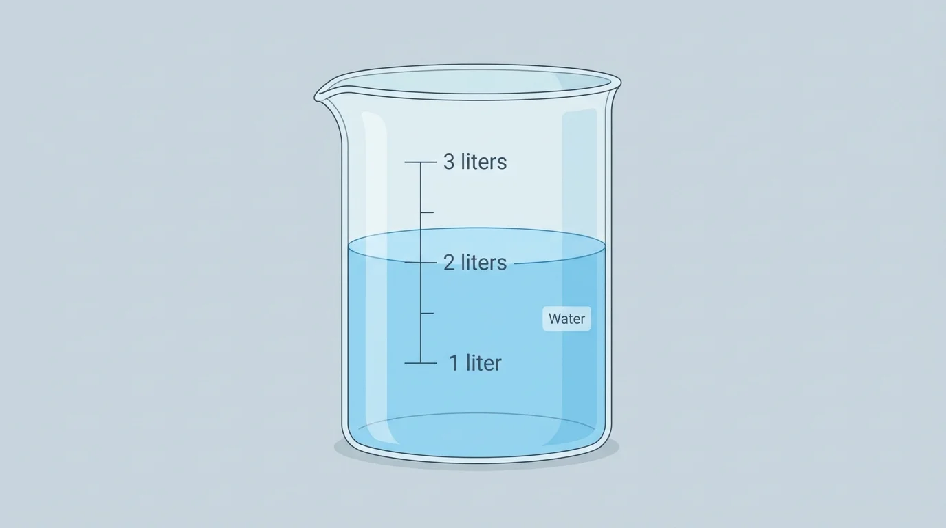 beaker with evenly spaced measurement marks labeled 1 liter, 2 liters, 3 liters and water level at about 2 liters