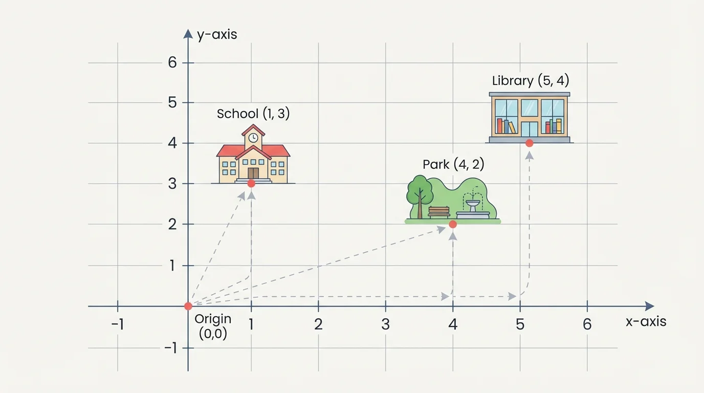 simple town grid laid over a coordinate plane with landmarks such as school at (1, 3), park at (4, 2), and library at (5, 4)
