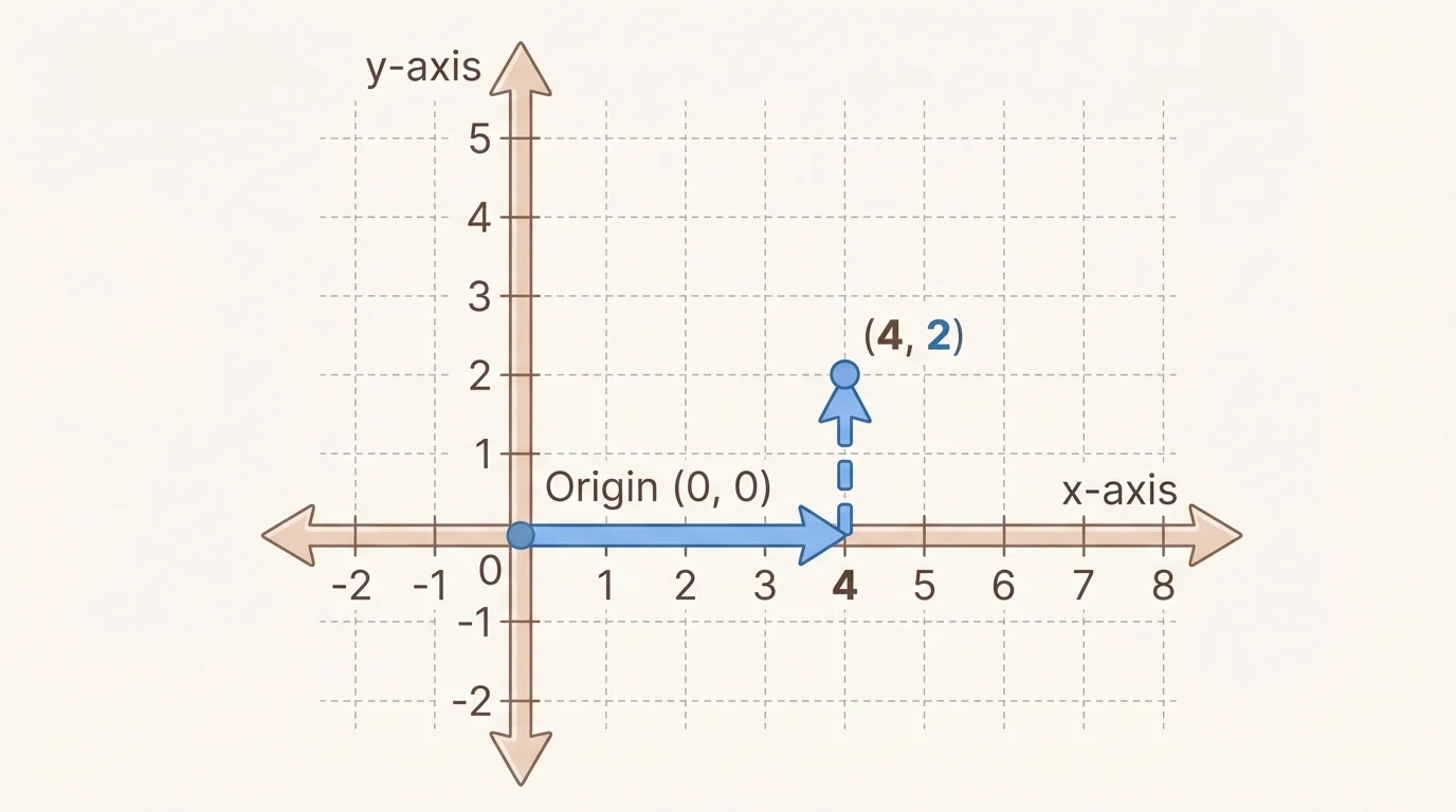 coordinate plane with arrows starting at the origin, moving 4 units right along the x-axis and then 2 units up to the point (4, 2)