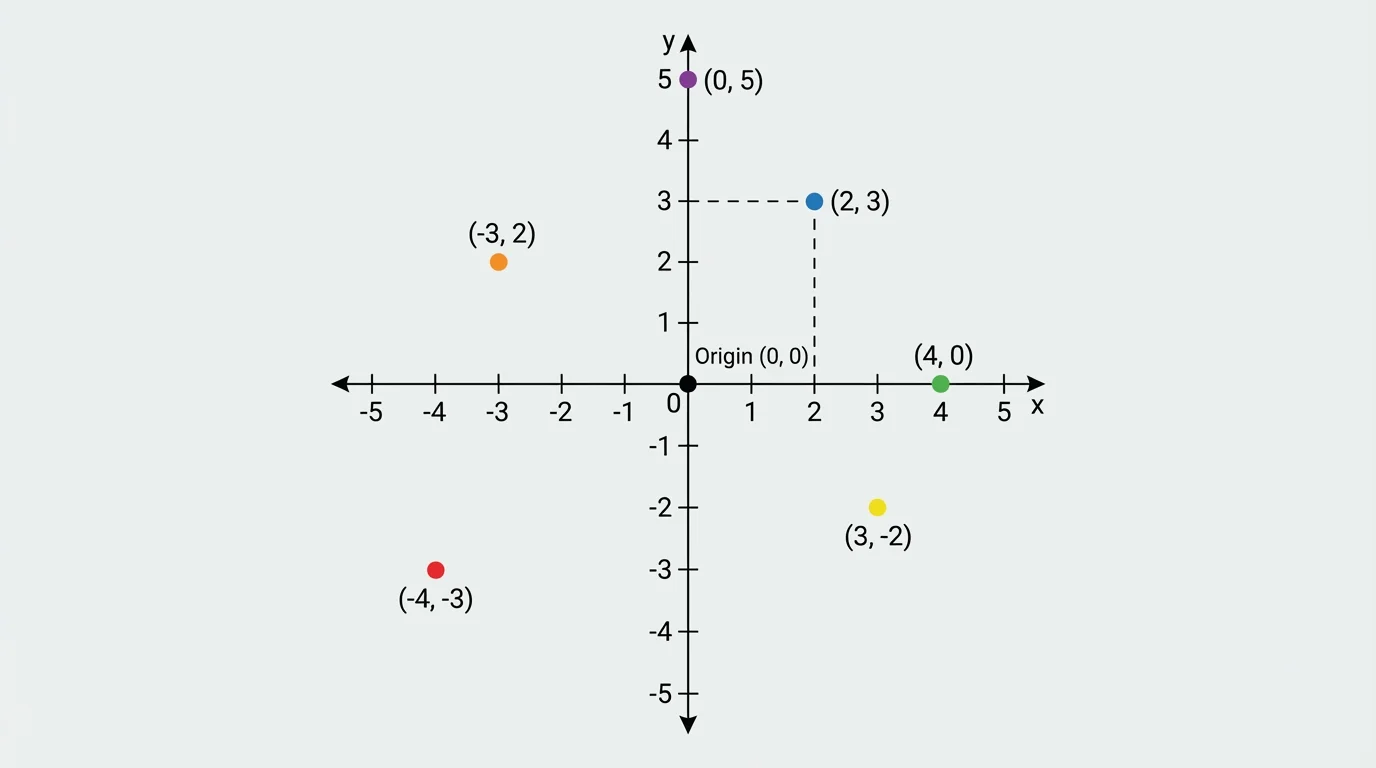 coordinate plane with perpendicular x-axis and y-axis crossing at the origin, with several labeled points such as (2, 3), (4, 0), and (0, 5)