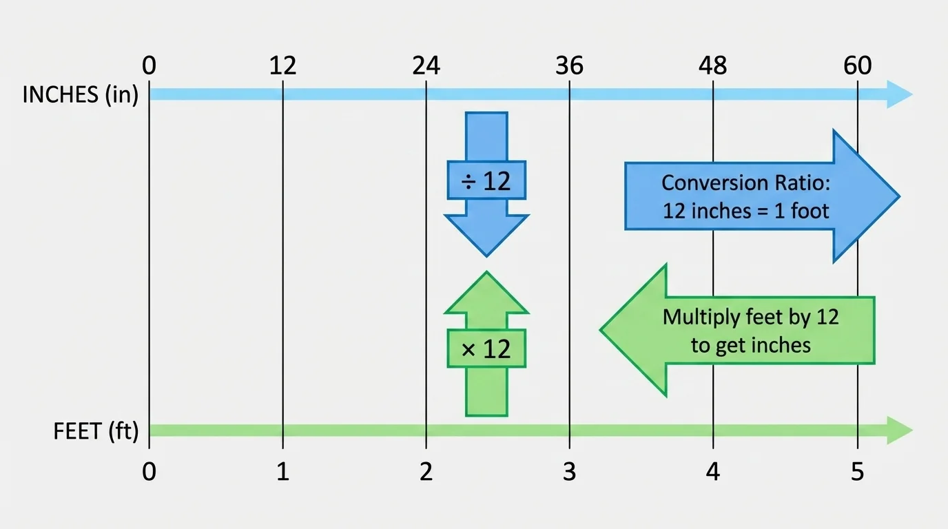 Double number line with inches and feet marked at equivalent values such as 12 inches to 1 foot, 24 inches to 2 feet, 36 inches to 3 feet