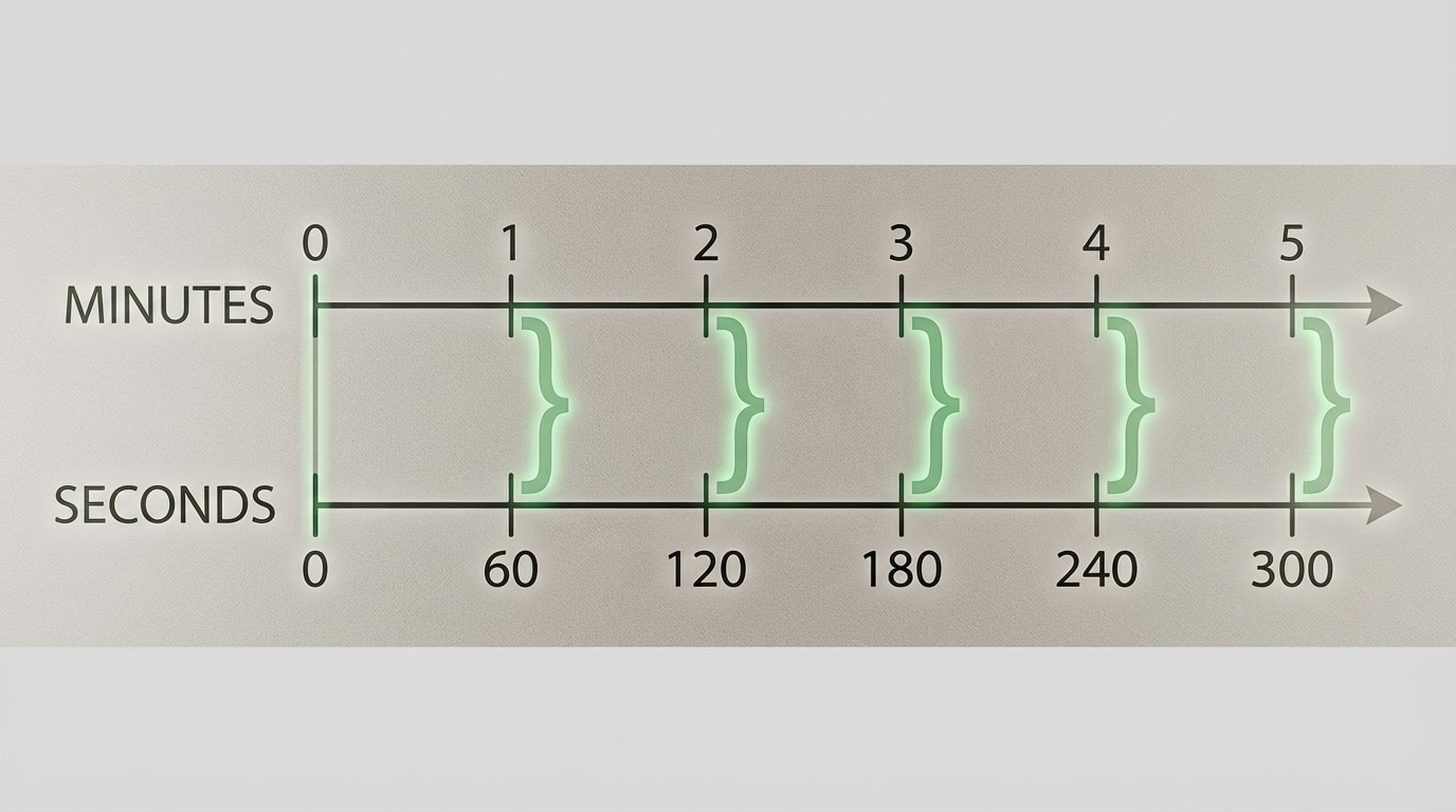 Double number line for time, top line labeled minutes with marks at 0, 1, 2, 3, 4, 5; bottom line labeled seconds with marks at 0, 60, 120, 180, 240, 300. Arrows or brackets show that 1 minute aligns with 60 seconds, 2 with 120, etc.
