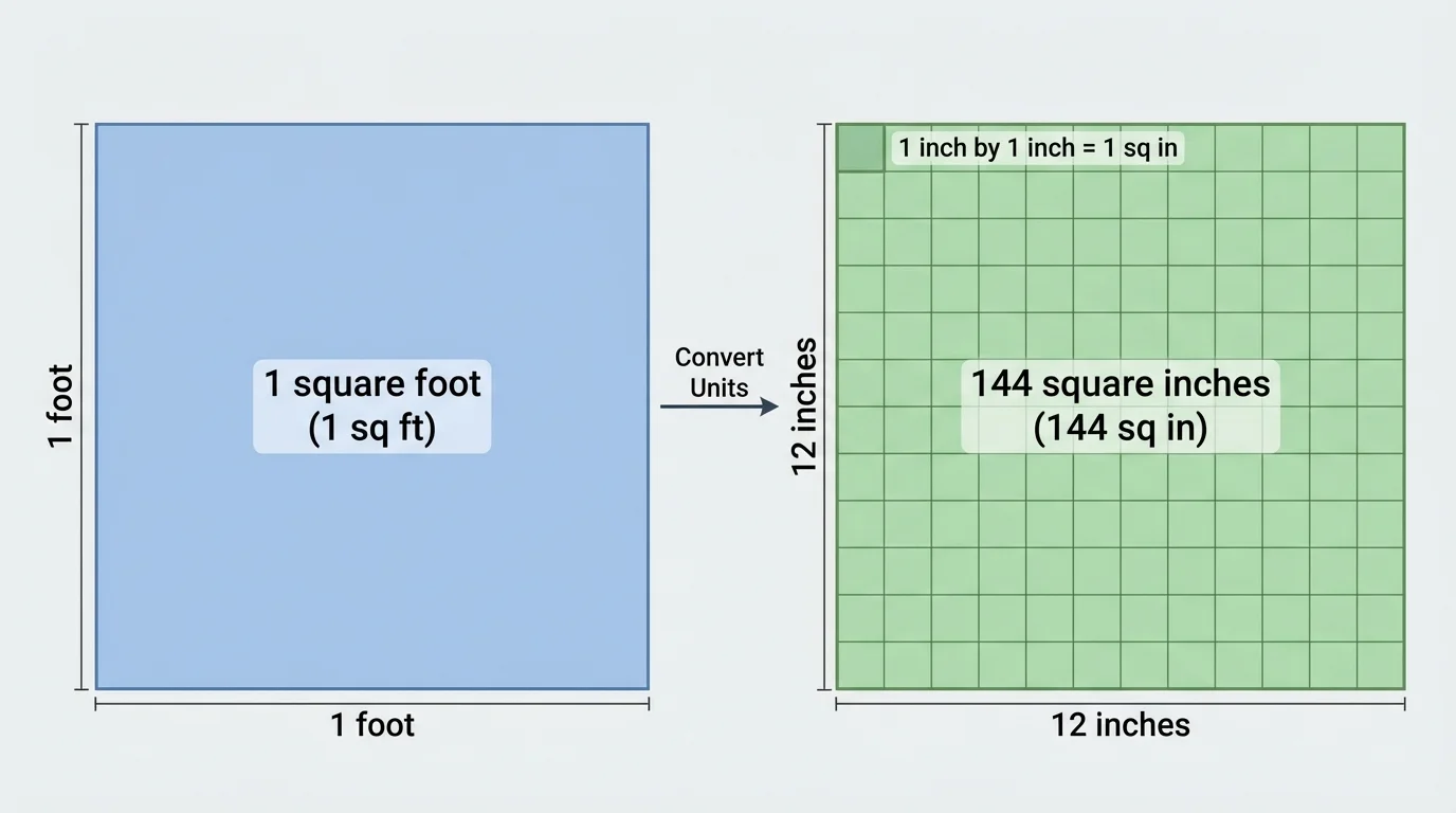 Two squares, one labeled 1 foot by 1 foot and another partitioned into 12 by 12 small inch squares to show 144 square inches