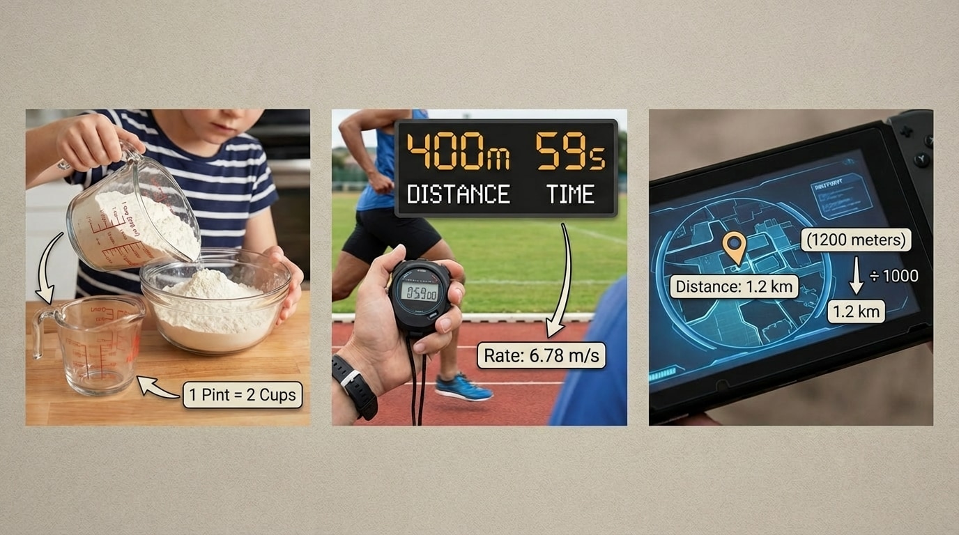 A collage-style scene with a kid baking using measuring cups, a runner being timed with a stopwatch, and a game screen showing distances in meters and kilometers, with arrows highlighting the different units