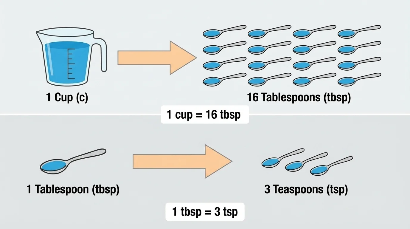 Kitchen measuring cups and spoons labeled with equivalent amounts such as 1 cup equals 16 tablespoons and 1 tablespoon equals 3 teaspoons