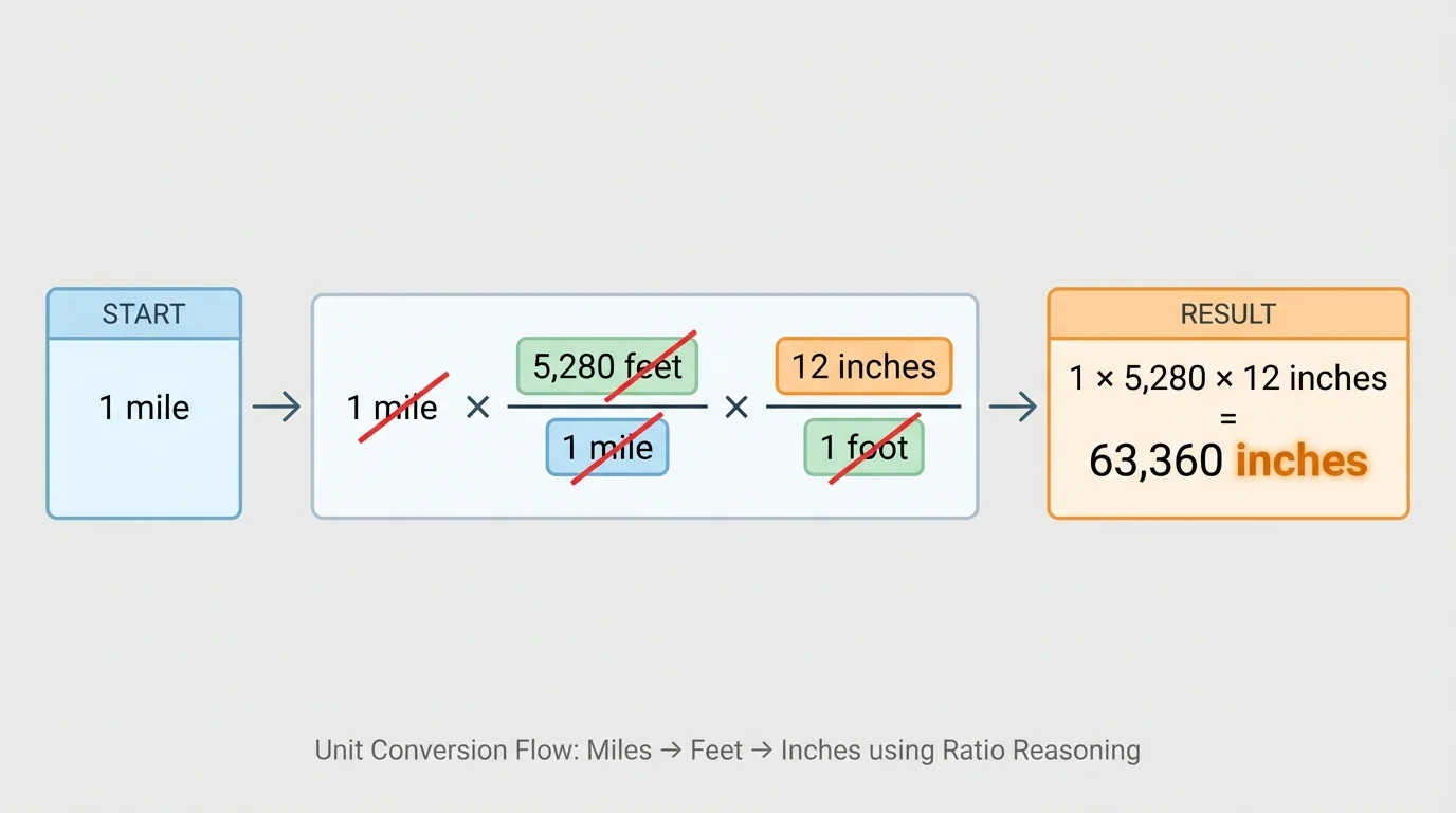 Step-by-step unit conversion flow showing miles to feet to inches with crossed-out units and remaining unit highlighted