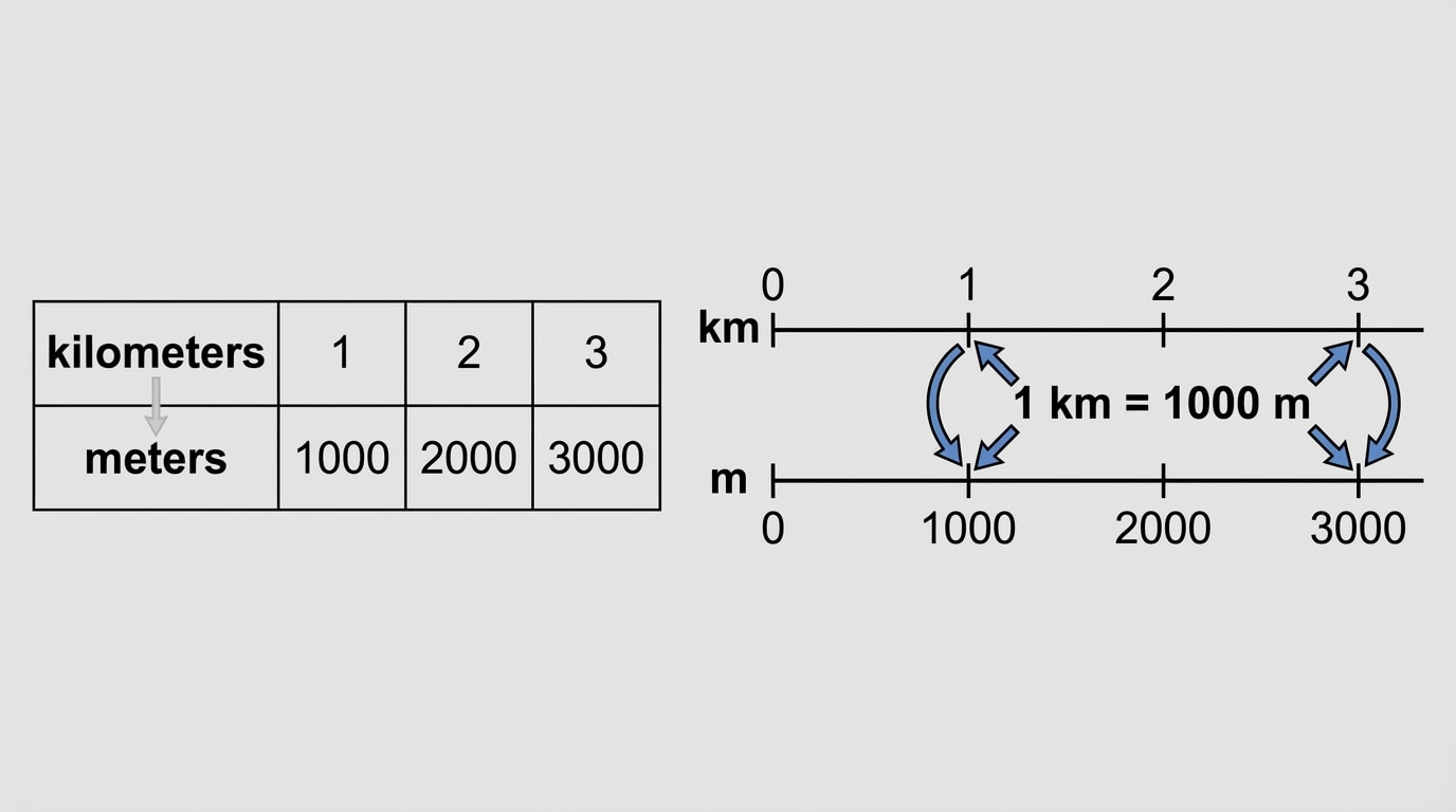 Side-by-side ratio table and double number line. Table: top row kilometers (1, 2, 3), bottom row meters (1000, 2000, 3000). Double number line: top labeled km with 0, 1, 2, 3; bottom labeled m with 0, 1000, 2000, 3000, arrows showing the relationship 1 km = 1000 m.