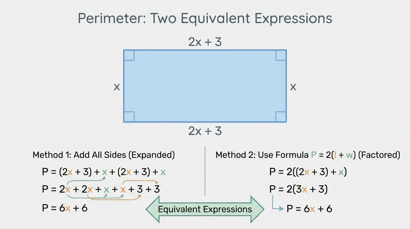 Rectangle with side lengths labeled as linear expressions, showing perimeter represented two equivalent ways