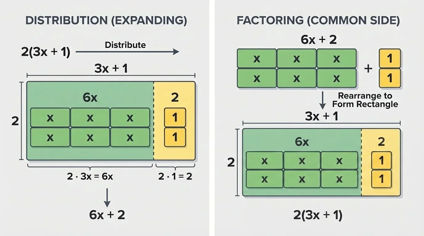 Two algebra tiles style panels, one showing a rectangle split into parts for distribution and one regrouped to show factoring out a common side length