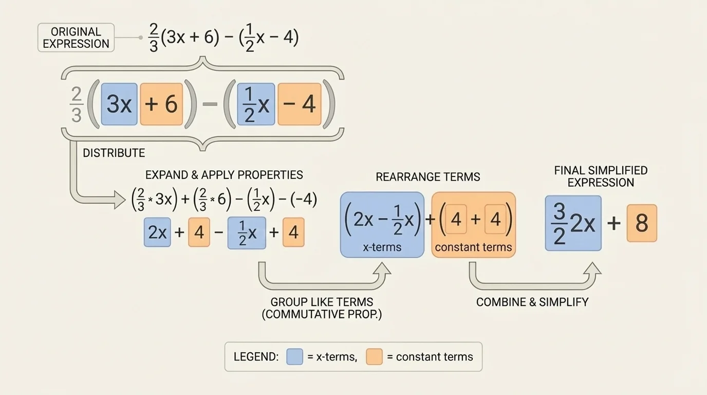 Color-coded term groups with x-terms together and constant terms together in a linear expression