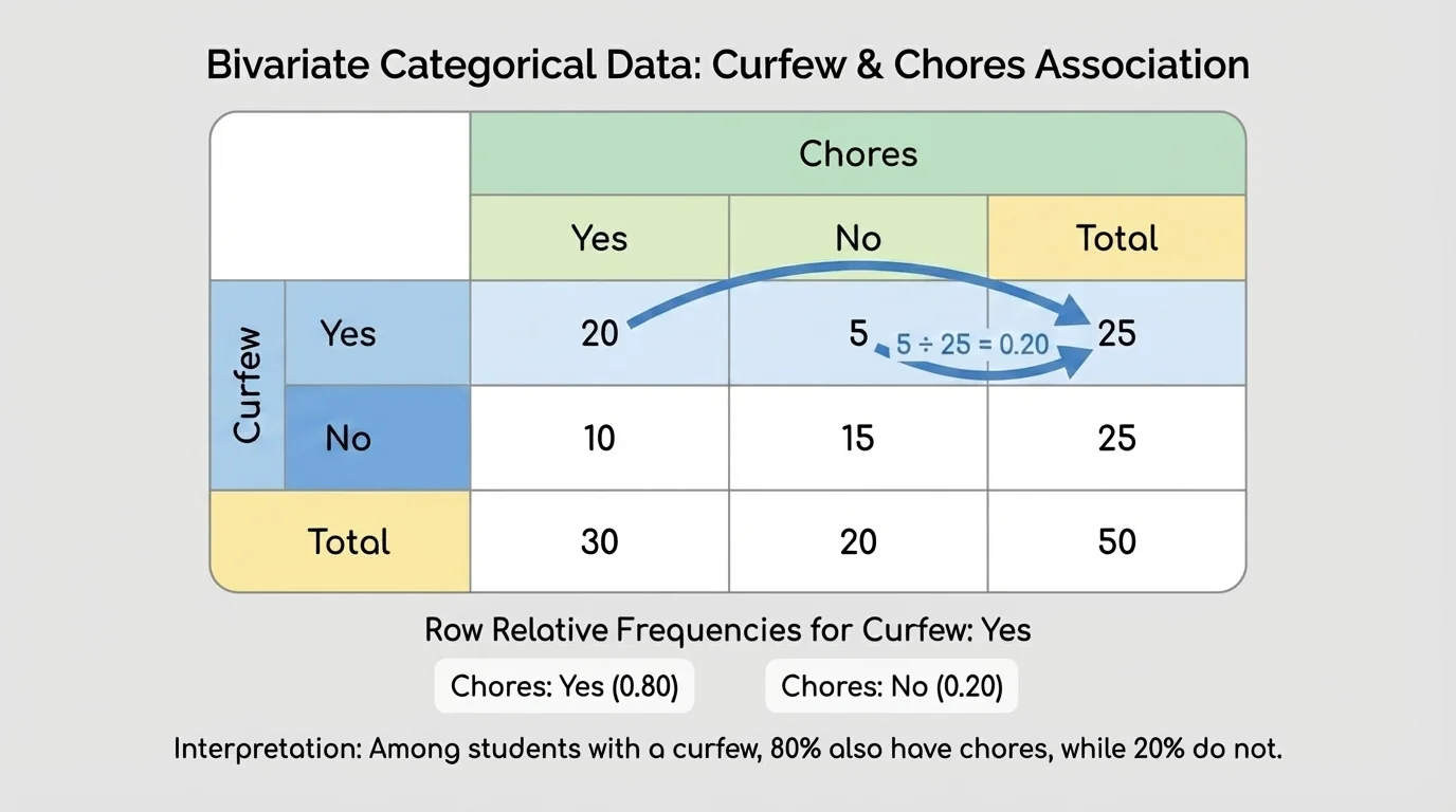 Two-way table with the Curfew yes row shaded and arrows from each cell to the row total, showing division to create row relative frequencies