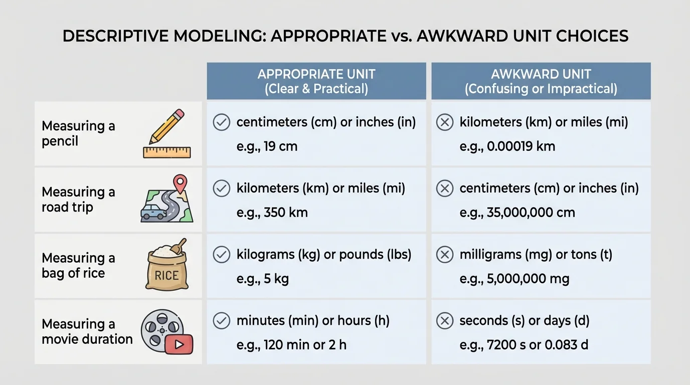 Comparison chart showing appropriate versus awkward unit choices for measuring a pencil, a road trip, a bag of rice, and a movie duration