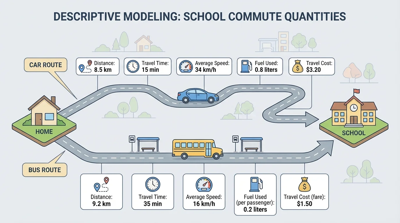 School commute scene with car and bus routes labeled by distance, travel time, average speed, fuel used, and travel cost as alternative measurable quantities