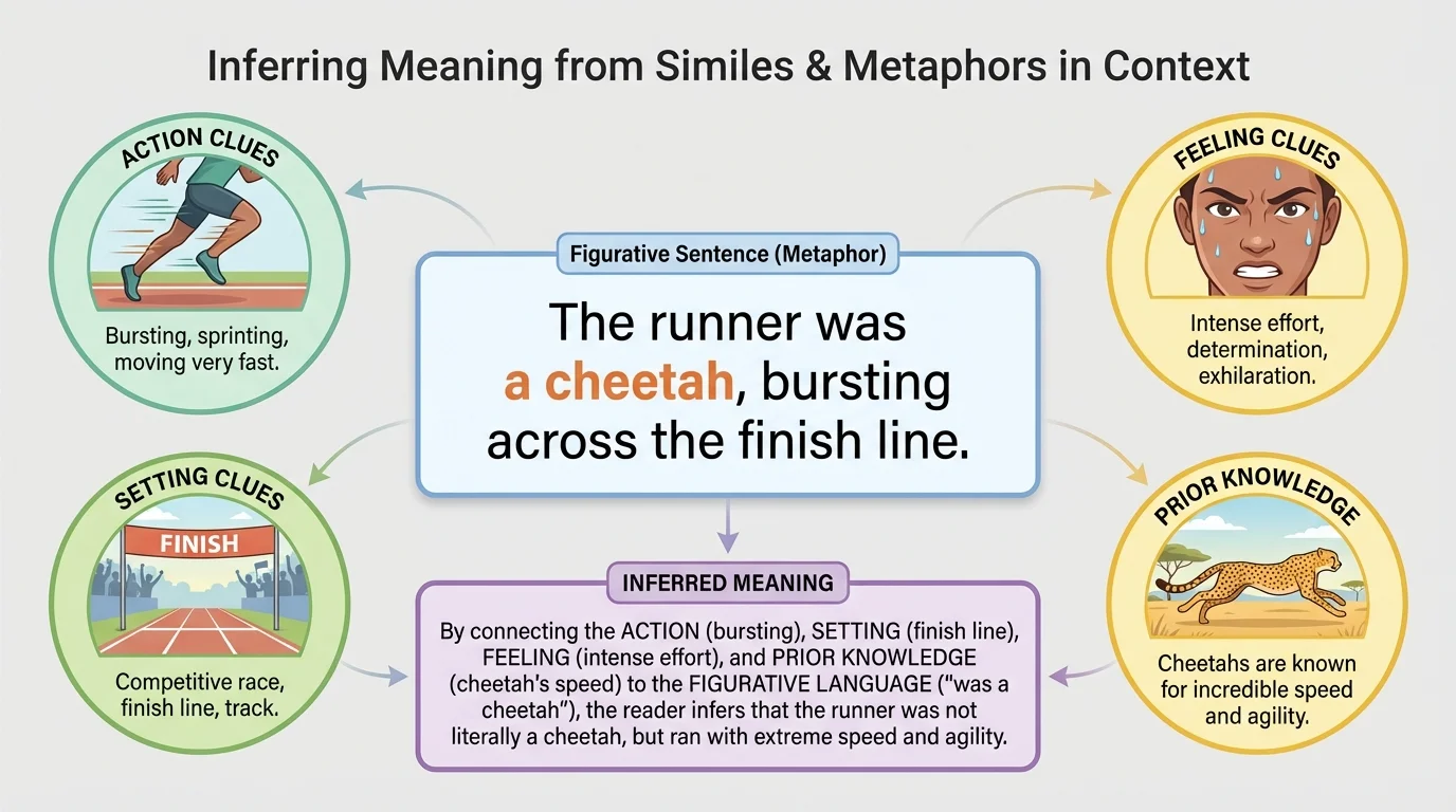 Chart with one figurative sentence in the center and context clues around it, including actions, feelings, and setting, showing how readers infer meaning
