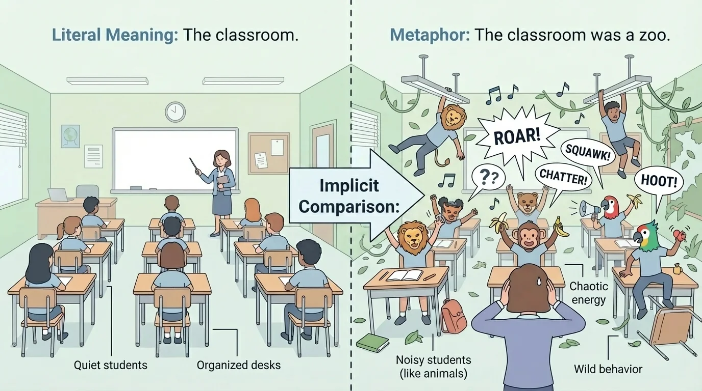 Illustration showing a classroom compared to a zoo, with students acting noisy and energetic, to explain the metaphor 'The classroom was a zoo'