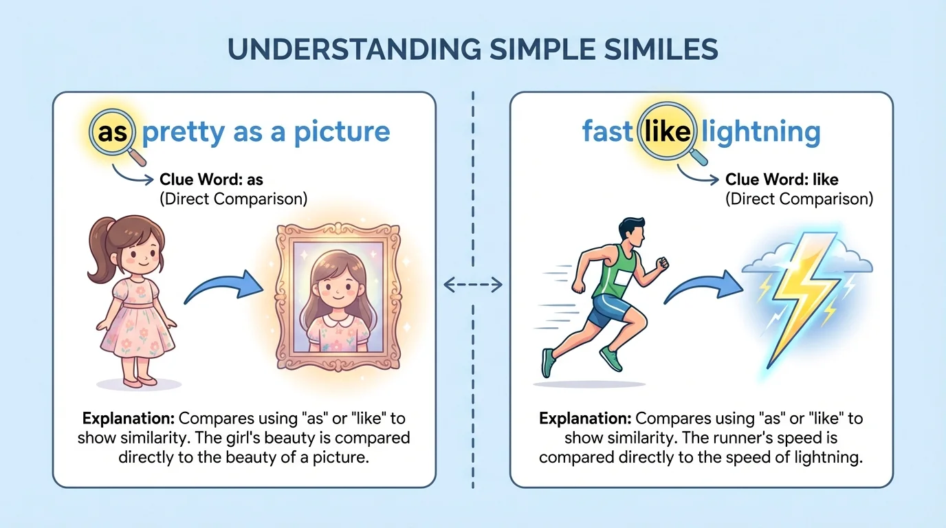 Comparison diagram showing a girl described as 'as pretty as a picture' and a runner described as 'fast like lightning,' with the clue words 'as' and 'like' highlighted