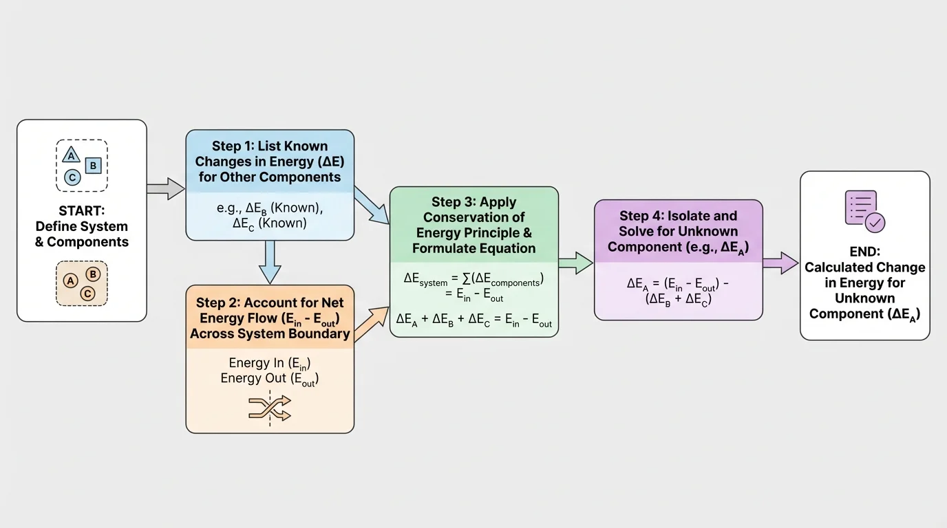 Flowchart for energy calculation: define system, list known changes, add external transfers, solve for unknown component