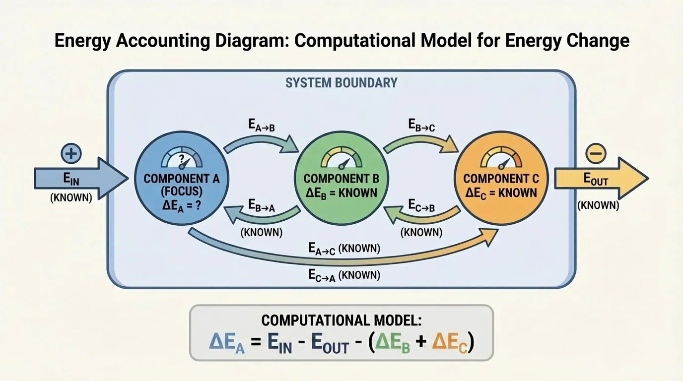 Energy accounting diagram with three components inside one system and arrows showing component-to-component transfers plus energy entering and leaving