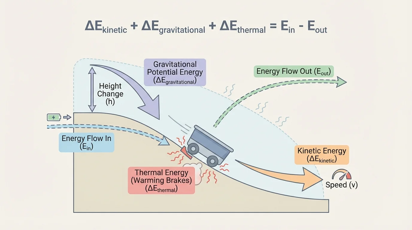 Illustration of a moving cart on a hill with labels for speed, height, and warming brakes to compare kinetic, gravitational, and thermal energy