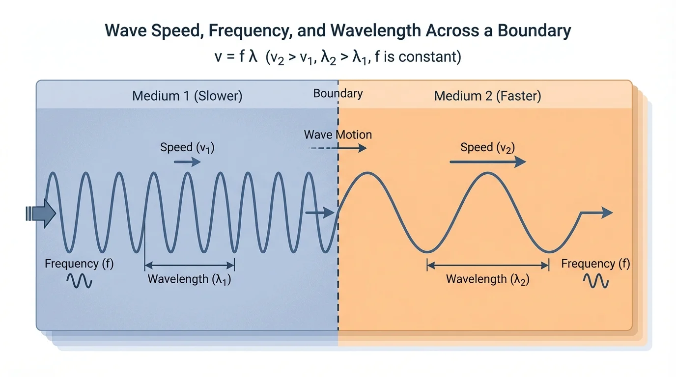 Wave crossing from one medium to another, with the same frequency source, longer wavelength in faster medium and shorter wavelength in slower medium across a labeled boundary